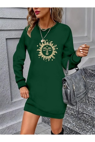 Kadın Uzun Kollu Bisiklet Yaka Güneş Desenli Viskon Iki Iplik Elbise Yeşil
