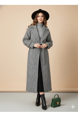 Balıksırtı/Chevron Desenli Yün Palto Kuşak Bağlama Detaylı Uzun Kaban Gri Kışlık Gri