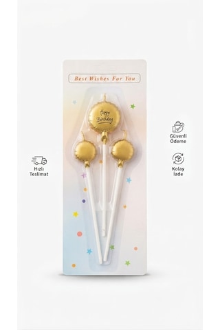 "happy Birthday" Yazılı Şık Altın Renkli Balon Tasarımlı Pasta Mum Seti 11-12