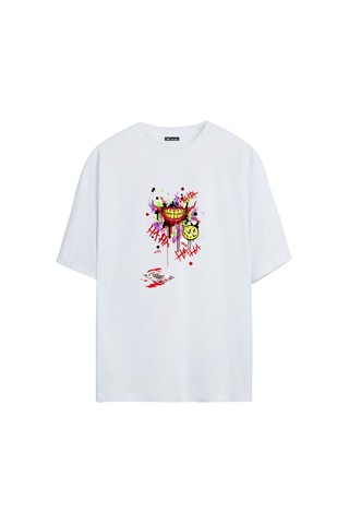 Thewert Unisex Joker Smile Baskılı Beyaz Oversize Tshirt