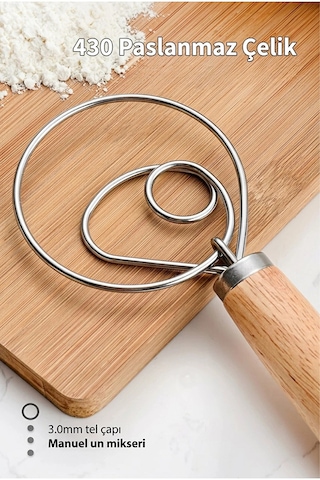 3 Lü Set Danimarka Tipi Hamur Çırpıcı - Ahşap Saplı Paslanmaz Çelik Un Mikseri & Ekşi Maya Karıştırma Teli