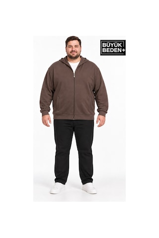 Süperlife Erkek Büyük Beden İki İplik Kapüşonlu Fermuarlı Cepli Sweatshirt Hırka Spr26bhr961 Kahverengi