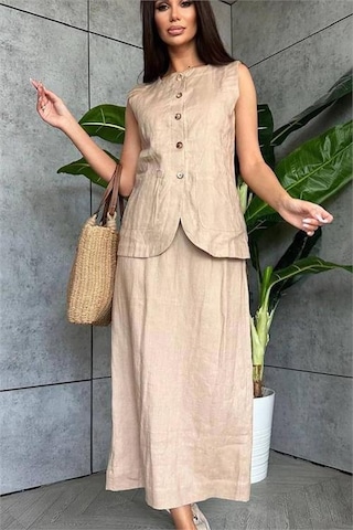 Neşeli Butik Kadın Keten Etek Yelek Alt Üst İkili Takım Nbemp1072 Vizon