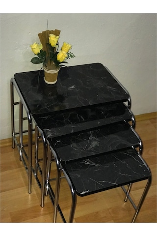 Renk Renk Mermer Desenli Parlak Mikelaj Ayaklı 4'Lü Zigon Sehpa (488719602)