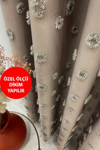 Fon Perde Vizon Pufy Püsküllü, Ponponlu, Saçaklı Sık Pileli Keten Pano Fon Tek Kanat Vizon