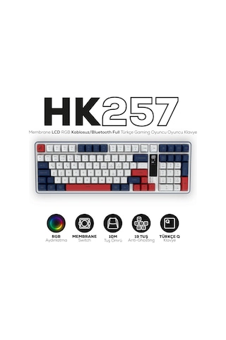 Hk257 Membrane Lcd Rgb Kablosuz/bluetooth Kırmızı Mavi Full Türkçe Gaming Klavye