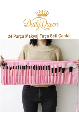 Daily Queen 24 Parça Makyaj Fırça Seti Penbe Deri Çantalı Lüx Ve Kaliteli