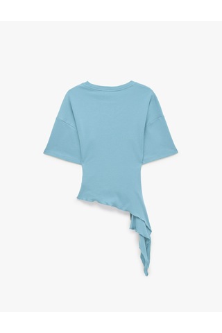 Koton Pamuklu Slim Fit Kısa Kollu Fırfırlı Drapeli Asimetrik Kesim Tişört Mavi 7wak50079ek