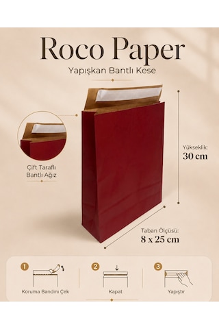 Yapışkan Bantlı Kraft Kese Kağıdı, Bordo, 25x8x30 Cm - 24'lü Paket, Hediye Ve Kargo Zarfı