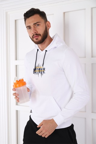 Escetic Spor Erkek Beyaz Cepli, Kapüşonlu Sweatshirt-4163