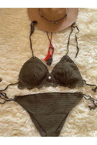 İvita Koyu Yeşil Taş Detaylı Çok Tarz El Yapımı Tığ Örgüsü Bikini Koyu Yeşil