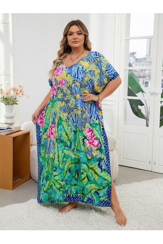 Edolynsa Şık Yeşil Baskılı Kadın Bohem Sabahlık Kaftan Ev Elbisesi Gevşek Tatil Partisi Uzun Elbise Mayo Üst Kıyafet Q1594 Çok Renkli