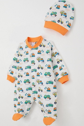 Breeze Erkek Bebek Patikli Tulum İş Makinaları Desenli 0-6 Ay, Beyaz Beyaz