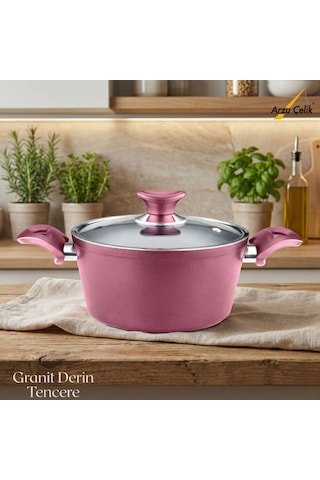 24 Cm Granit Derin Tencere Cam Kapak - Mürdüm Mürdüm
