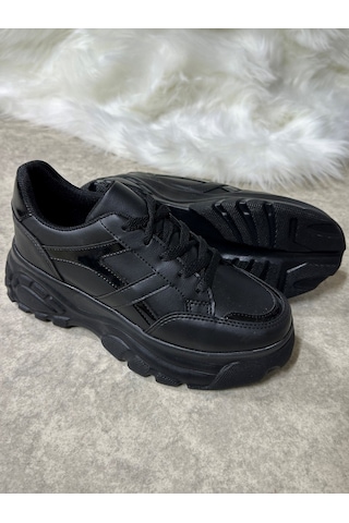 Günlük Kadın Sneaker Kalın Yüksek Taban Bağcıklı Rahat Tiger Şeritli Spor Ayakkabı 032 02 - Siyah Cilt