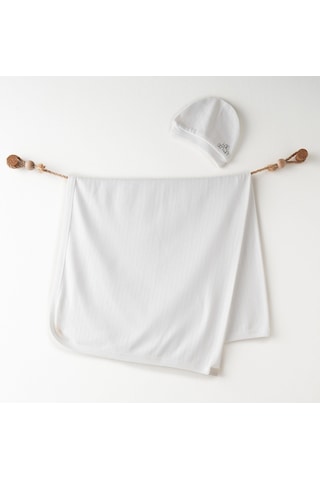 Erkek Bebek Battaniye Şapka Takım Blanket Hat Set 85x90 CM Beyaz