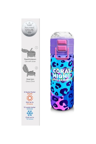 Coral High Kids Mor Leopar Desenli Pipetli Ve Direkt İçim Çelik Termos 500 Ml 31846 Mor - Mavi