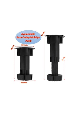 Siyah Ayarlanabilir Baza Ayağı 10-15 Cm - 4 Adet, Tezgah Ve Mobilya Ayağı Siyah