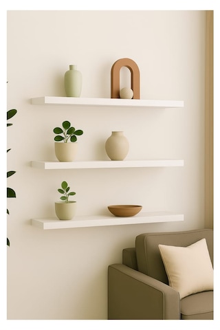 Yankı-BYEG 3lü 50 cm Mat Beyaz Mdf Duvar Rafı Gizli Bağlantı Kitaplık