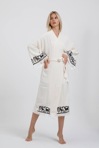 Befera Hitit Müslin Kimono Pamuklu Lotus Baskılı Desenli Bornoz Kaftan Sabahlık Ekru