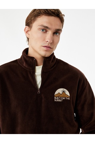 Koton Regular Fit Renk Bloklu Nakışlı Yarım Fermuarlı Polar Sweatshirt Kahverengi 7wam70050mk Kahve