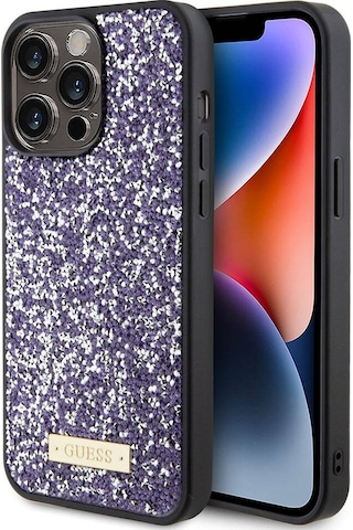 Apple Uyumlu iPhone 15 Pro Max Kılıf Guess Lisanslı Taşlı Arka Yüzey Metal Yazı Logolu Kapak Siyah