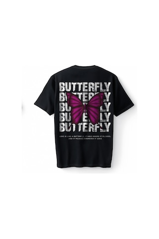 Bumeta Butterfly Kelebek Oversize Unisex Tişört T-shirt Siyah