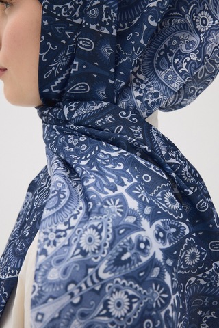 Mirsoy Scarf Eftelya Pamuk Etnik Desen Şal Lacivert