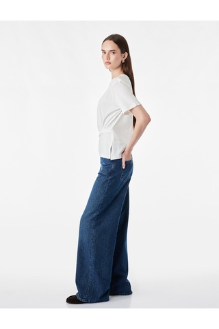 Koton Regular Fit Kısa Kollu Bisiklet Yaka Drape Detaylı Pamuklu Basic Tişört Ekru 7wak50149ek