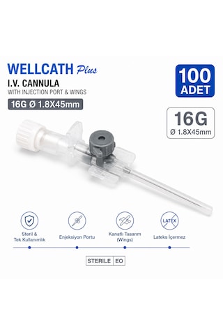 Wellmed Wellcatch Plus 16g Gri İ.v. Branül 1.8 45 Mm Portlu Kanatlı Steril 500 Adet