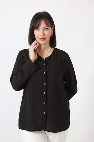 Moda Berray Sb-0169 Keten Kolu Apoletli Sıfır Yaka Büyük Beden Siyah Gömlek Siyah
