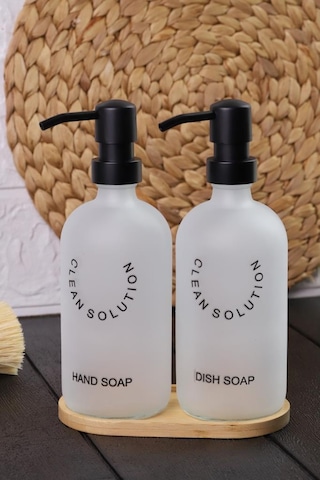 2'li Sablaj Cam Beyaz Sıvı Sabunluk Seti Standlı Beyaz