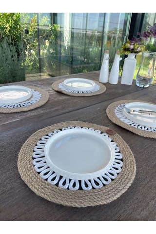 4 Kişilik Yuvarlak Amerikan Servis Özel Tasarım Jüt / Beyaz 33 X 33 Cm Natural