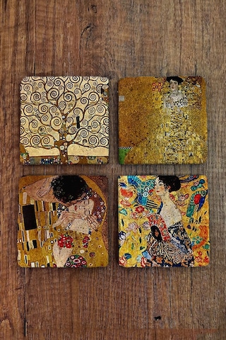 Doğal Taş Bardak Altlığı Gustav Klimt Eserleri Baskılı 4'lü Set -10x10cm Stone Coasters Çok Renkli