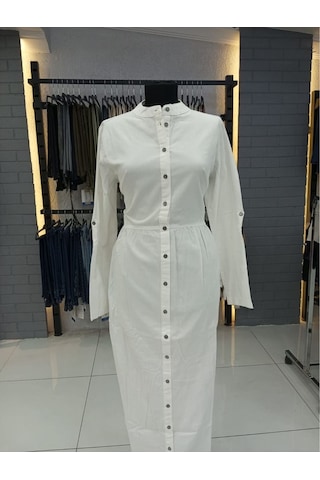 Kumaşlı Boydan Düğmeli Kot Elbise- Beyaz 001