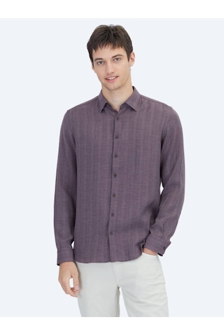 Kip Mürdüm Çizgili Regular Fit Dokuma Casual Gömlek Mürdüm