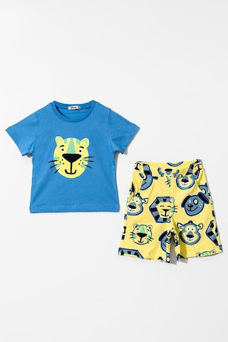 Erkek Çocuk Sax Mavi Basic Tişörtlü Animal Desenli Şortlu Takım-1140 Mavi