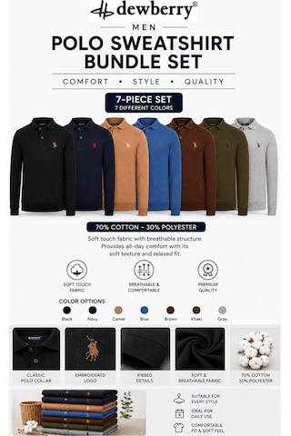 Dewberry Erkek Polo Yaka Sweatshirt 7'li Set %70 Pamuk Nakışlı Uzun Kollu Sweat Siyah-lacivert-haki-gri-camel-kahve-indigo