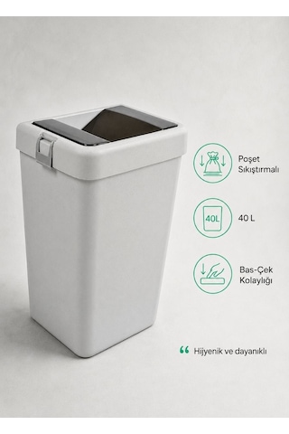 Gri Bas Çek Mutfak Çöp Kovası 40 L - Endüstriyel Modern Büyük Boy Pratik Çöp Kutusu
