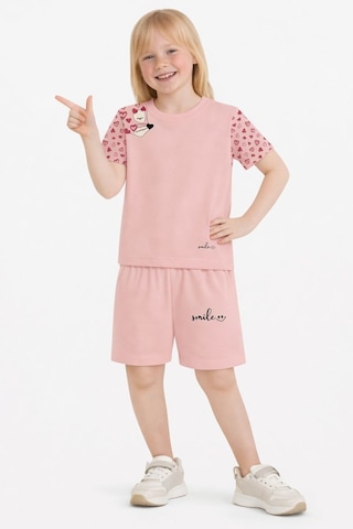 Name Baby & Kids Kız Çocuk Şortlu Yazlık Pijama Takımı Kedi Temalı Nbk-6144 Pudra