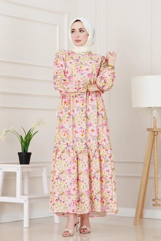 Sevitli Çiçekli Kumsal Elbise-pembe-5245 Pembe