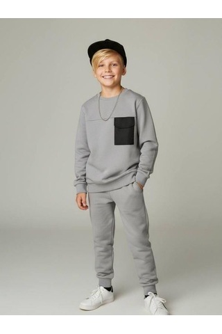 Zekids Erkek Çocuk Cep Detaylı Pamuklu İnce Sweatshirt-16650 Gri