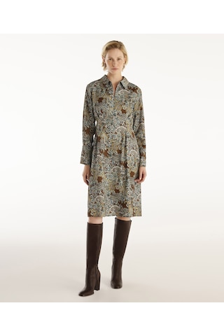 Yargıcı Pensli Uzun Kollu Yakası Fermuarlı Elbise Kahverengi