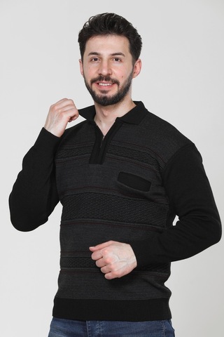 Kzc Tekstil Erkek Baba Orta Yaş Ve Üzeri Triko Örgü Akrilik Kışlık Regular Fit Cepli Fermuarlı Polo Yaka Kazak Siyah