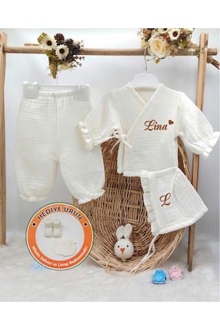 Gros Shop Yeni Doğan Müslin 3'li Kimono Bağcıklı Tulum %100 Pamuk Organik Kişiye Özgü İsimli Nakış Desenli Ekru-1
