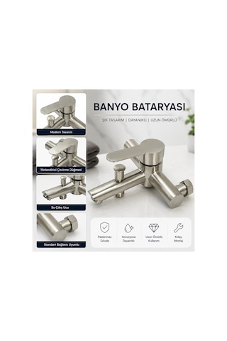 Banyo Bataryası İnox Paslanmaz Çelik Çift Çıkışlı Duş Hortumu Bağlantılı Musluk Metal