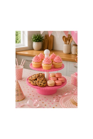 2 Katlı Pembe Sunum Standı Kurabiyelik, Cupcake Ve Takı Organizeri 30 Cm Dekoratif Stand