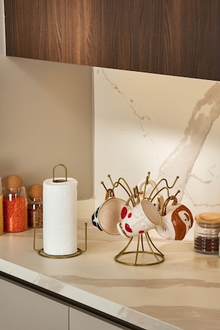 Edora Home 2'li Gold Mutfak Organizer Seti, Misketli Kağıt Havluluk Ve 6 Kancalı Bardaklık - Metal Paslanmaz