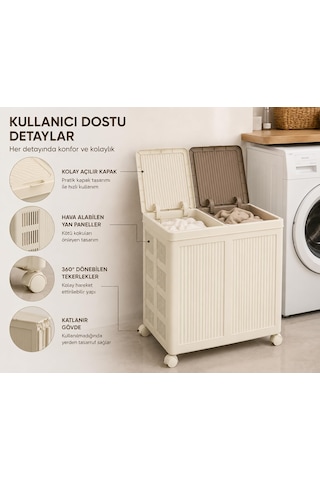 100 L İki Bölmeli Kirli Çamaşır Sepeti, Tekerlekli, Katlanabilir, Krem