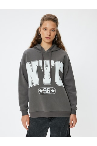 Koton Oversize Kapüşonlu Sweatshirt Kolej Baskılı Şardonlu Antrasit 5wal10165ık Antrasit